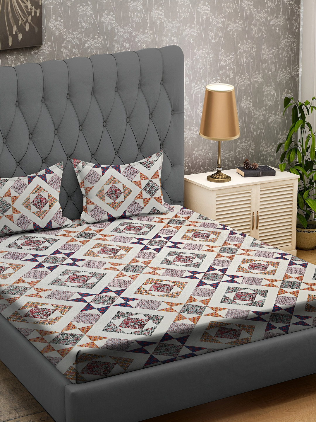 RRC Kalamkari Purple Ethnic Motifs Cotton 164 TC Queen Fine Bedsheet with 2 Pillow Covers-228 x 274 cm