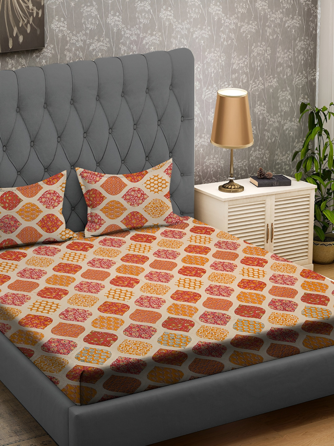 RRC Orange Ethnic Motifs Cotton 164 TC Fitted Queen Fine Bedsheet with 2 Pillow Covers-90 x 108 inches