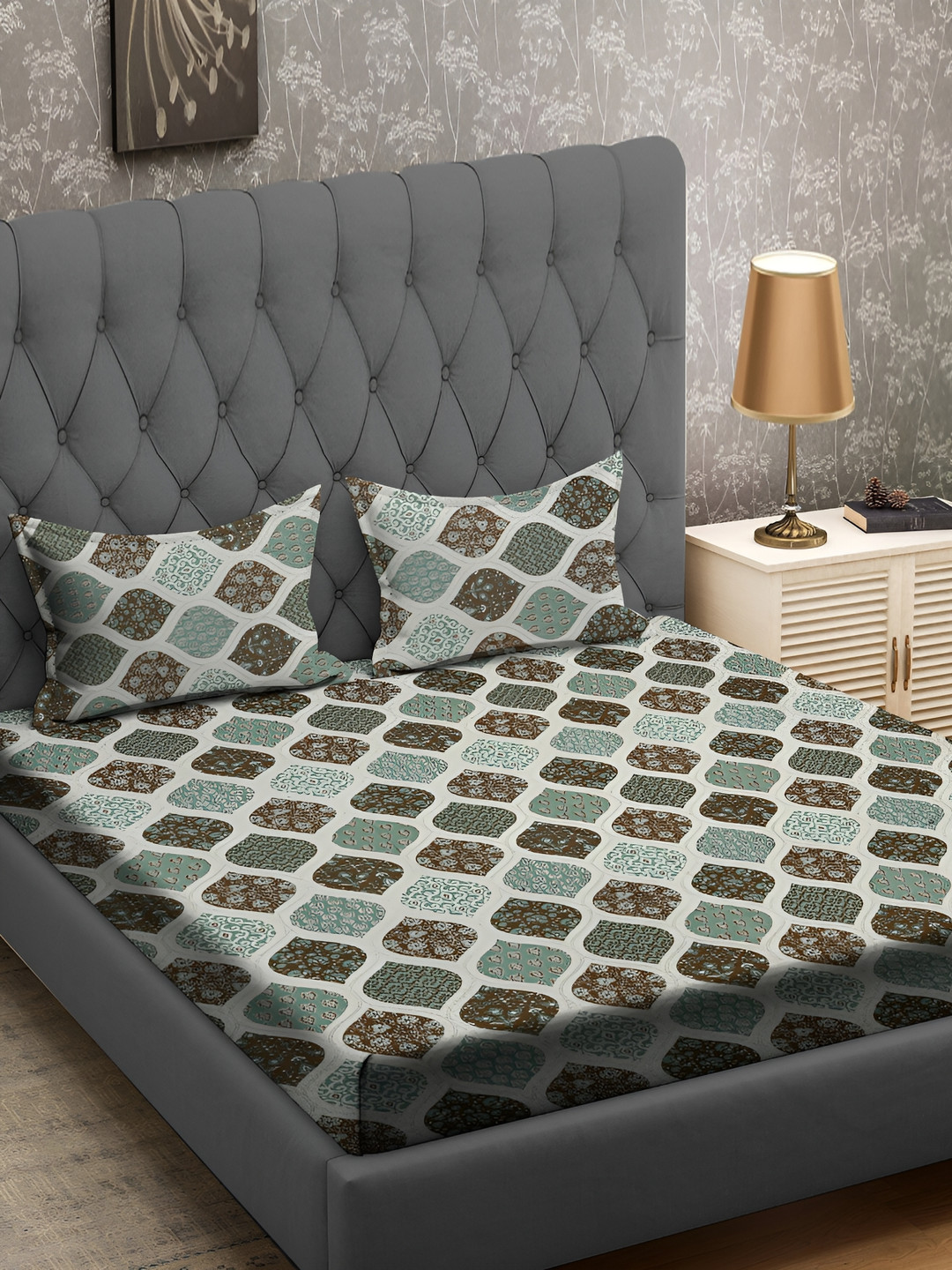 RRC Grey Ethnic Motifs Cotton 164 TC Queen Fine Bedsheet with 2 Pillow Covers-90 x 108 inches