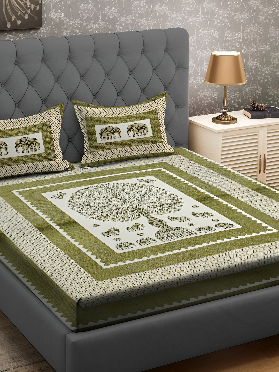 RRC Green Ethnic Motifs Cotton 164 TC Queen Fine Bedsheet with 2 Pillow Covers-90 x 108 inches