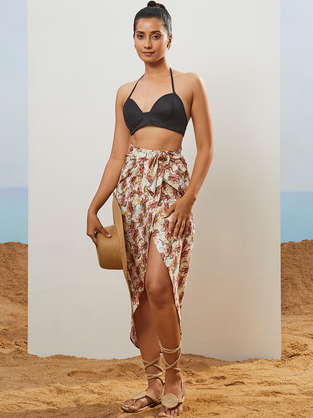 CMGE Tropical Printed Bow-Detailed Knee-Length Wrap Skirt