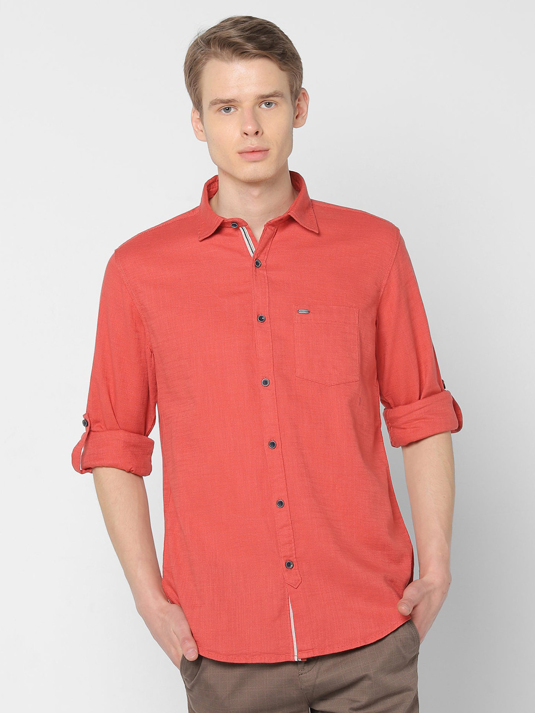 Red Flame Roll-Up Sleeves Cotton Linen Casual Shirt