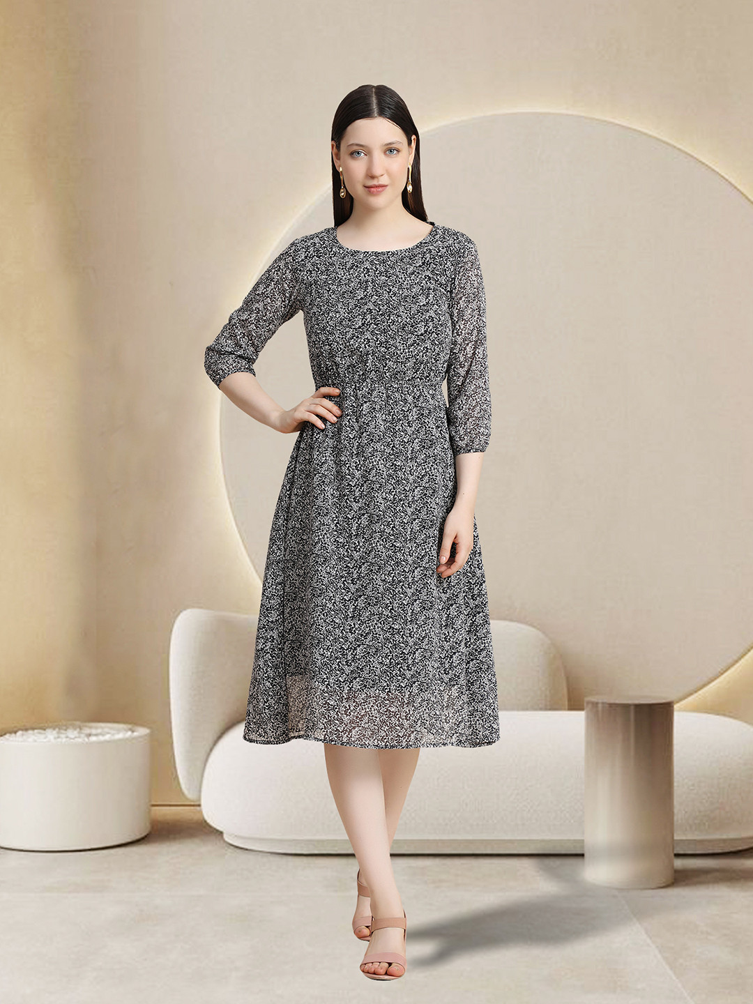 TOOCHKI Round Neck Three Quarter Sleeves Floral Print Georgette A-Line Midi Dress