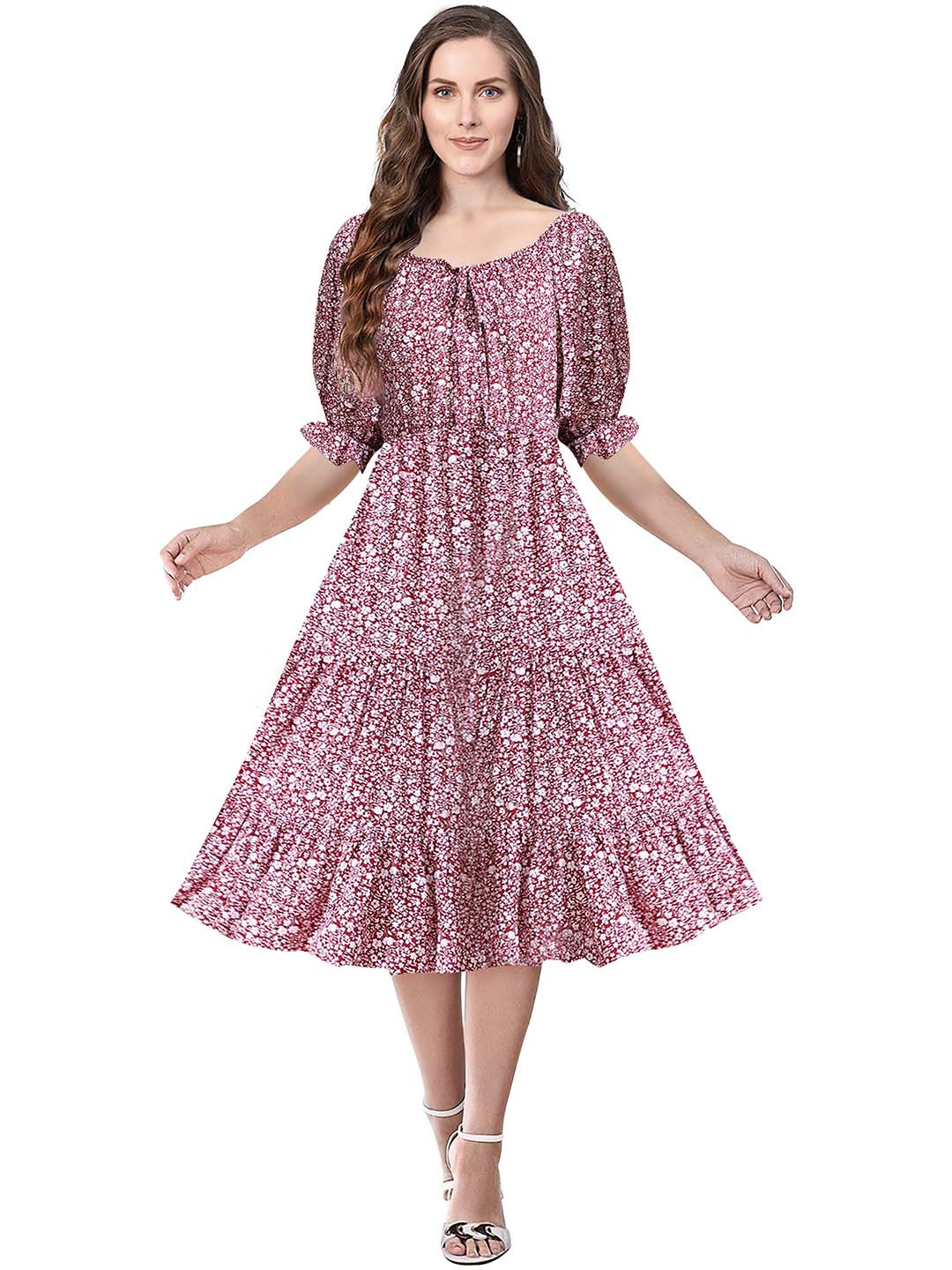 TOOCHKI Round Neck Cuffed Sleeves Floral Print Fit and Flare Dress