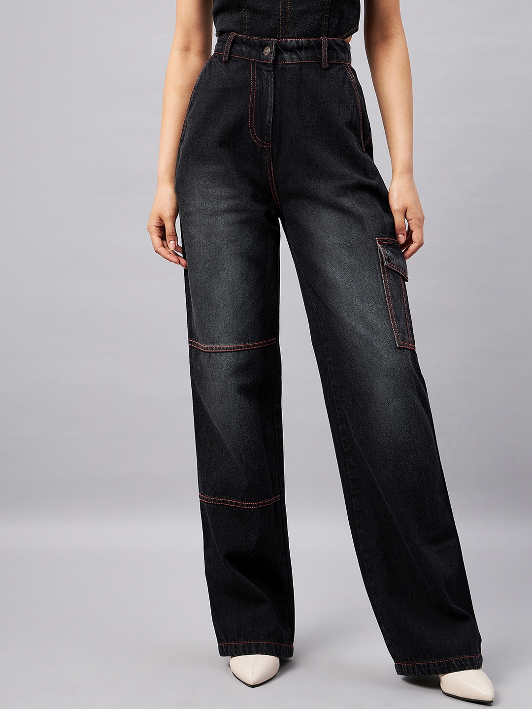 Orchid Blues Women Flared Contrast Stitch High-Rise Light Fade Cotton Cargos Jeans