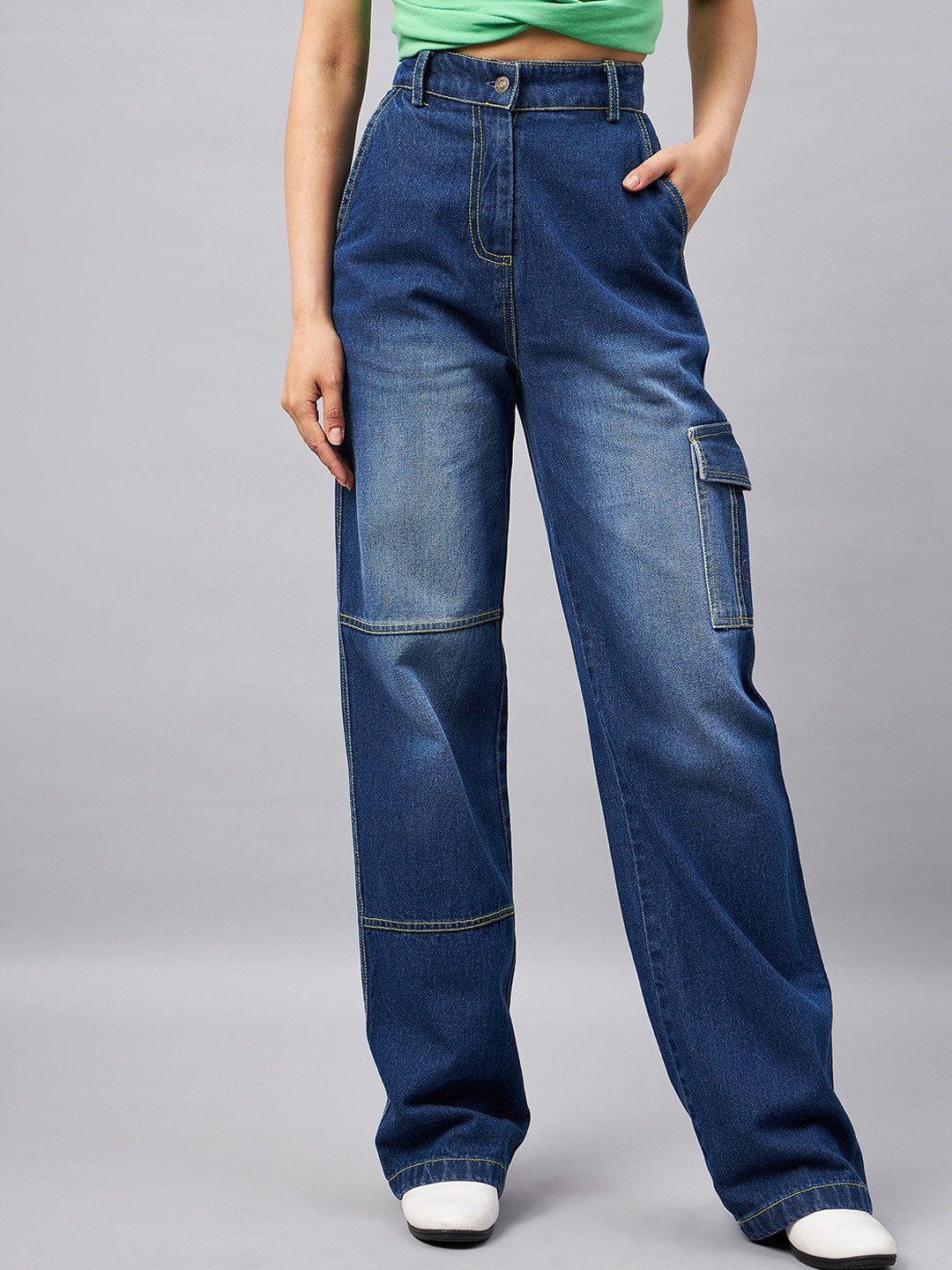 Orchid Blues Women Flared Contrast Stitch High-Rise Light Fade Cotton Cargos Jeans