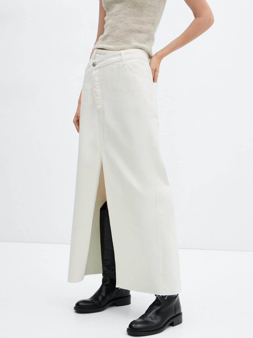 MANGO High-Slit Denim A-Line Maxi Skirt
