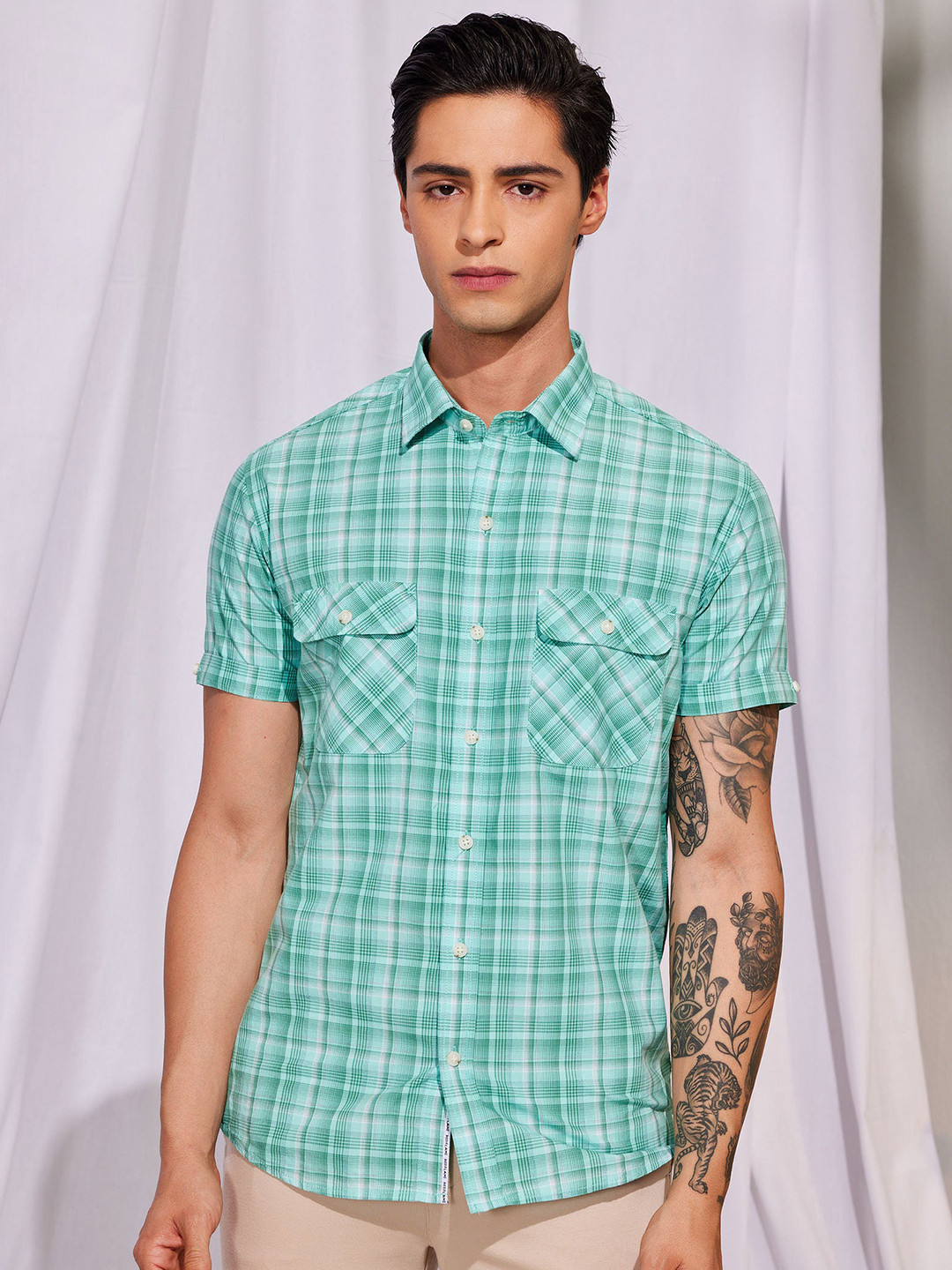 Red Flame Regular Fit Cotton Tartan Checks Checked Casual Shirt