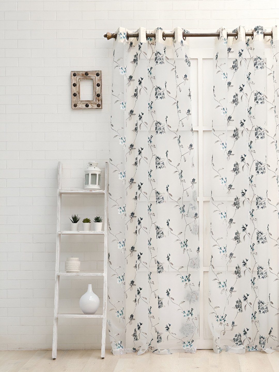 Ariana Blue & Grey Floral Embroidered Eyelet Sheer Door Curtain