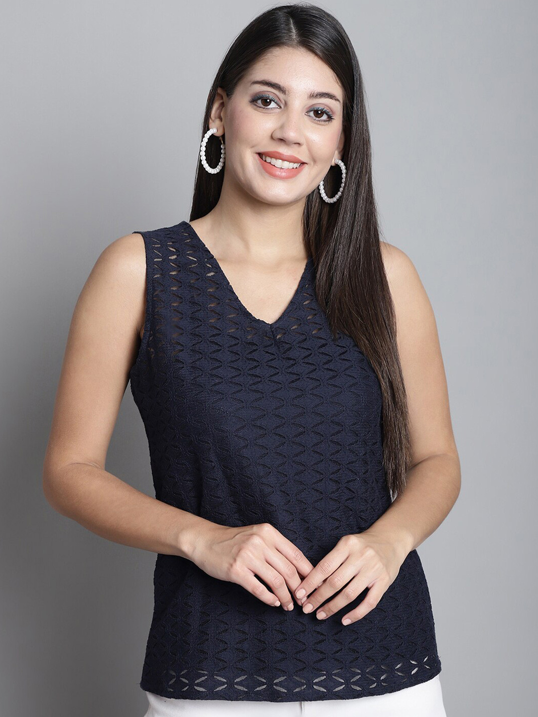 Dressitude V-Neck Sleeveless Sheer Lace Top