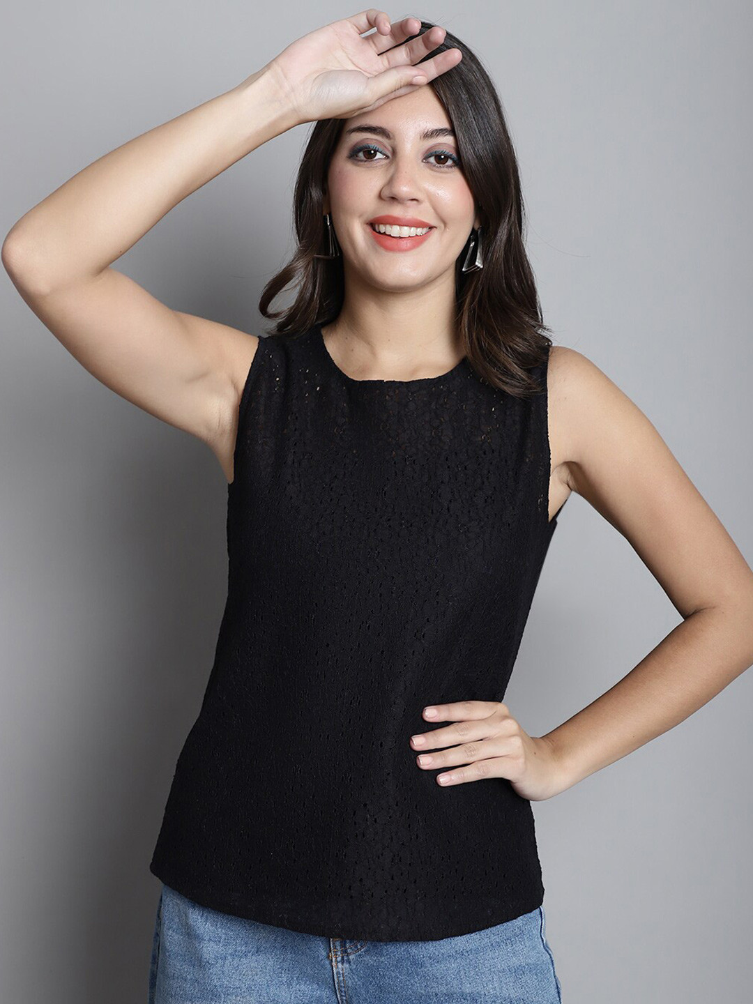 Dressitude Self Designed Round Neck Sheer Lace Top