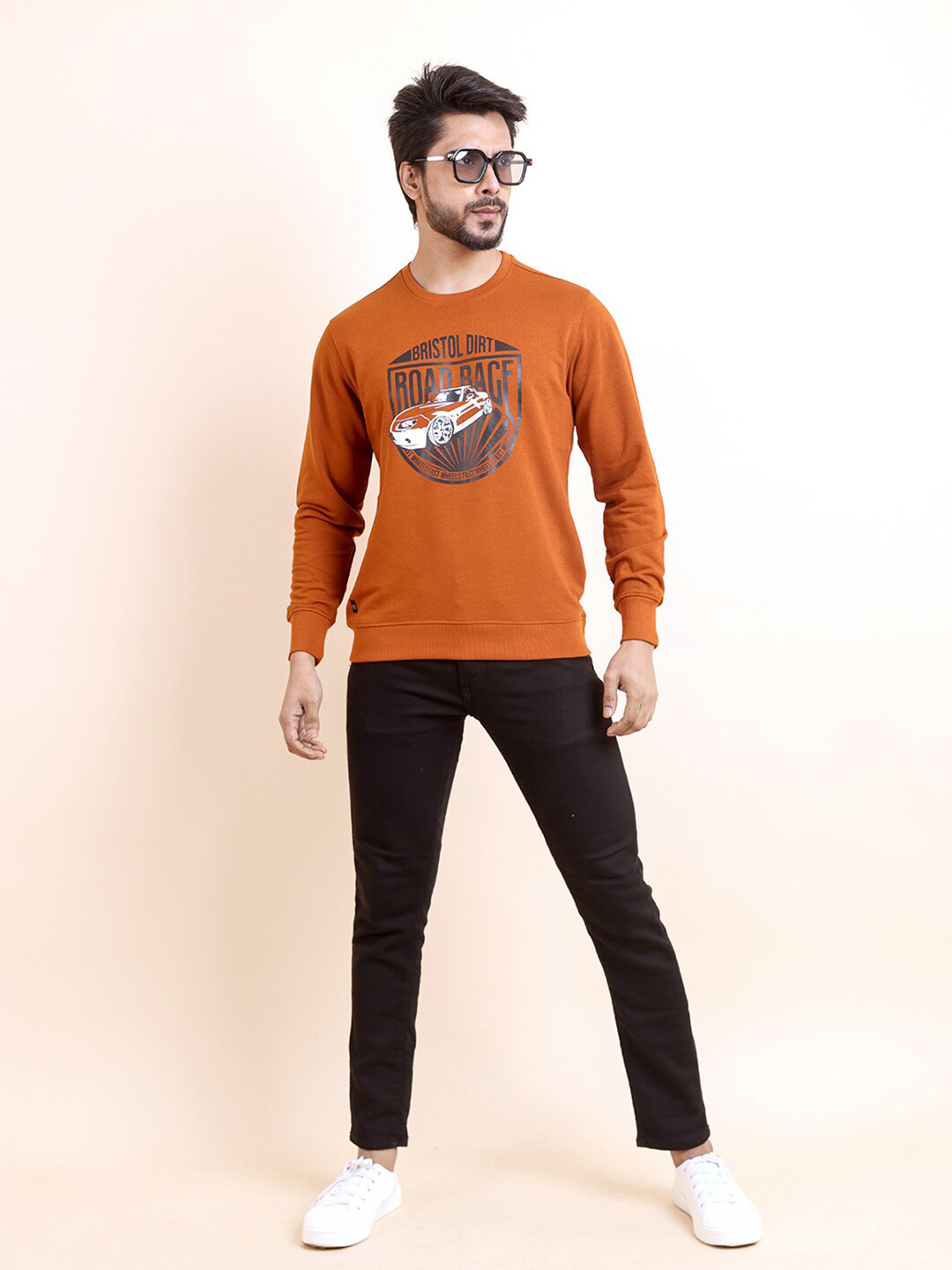 berry blues Graphic Printed Round Neck Cotton Pullover Ribbed Sweatshirt