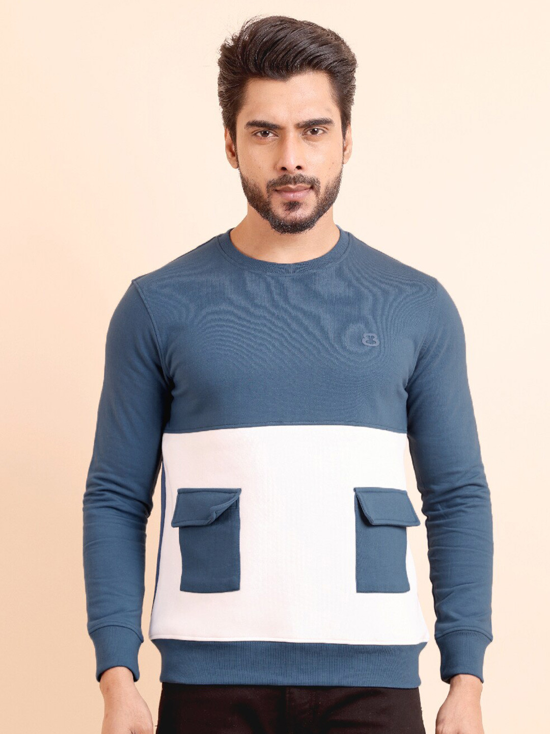 berry blues Colourblocked Round Neck Pullover Ribbed Sweatshirt