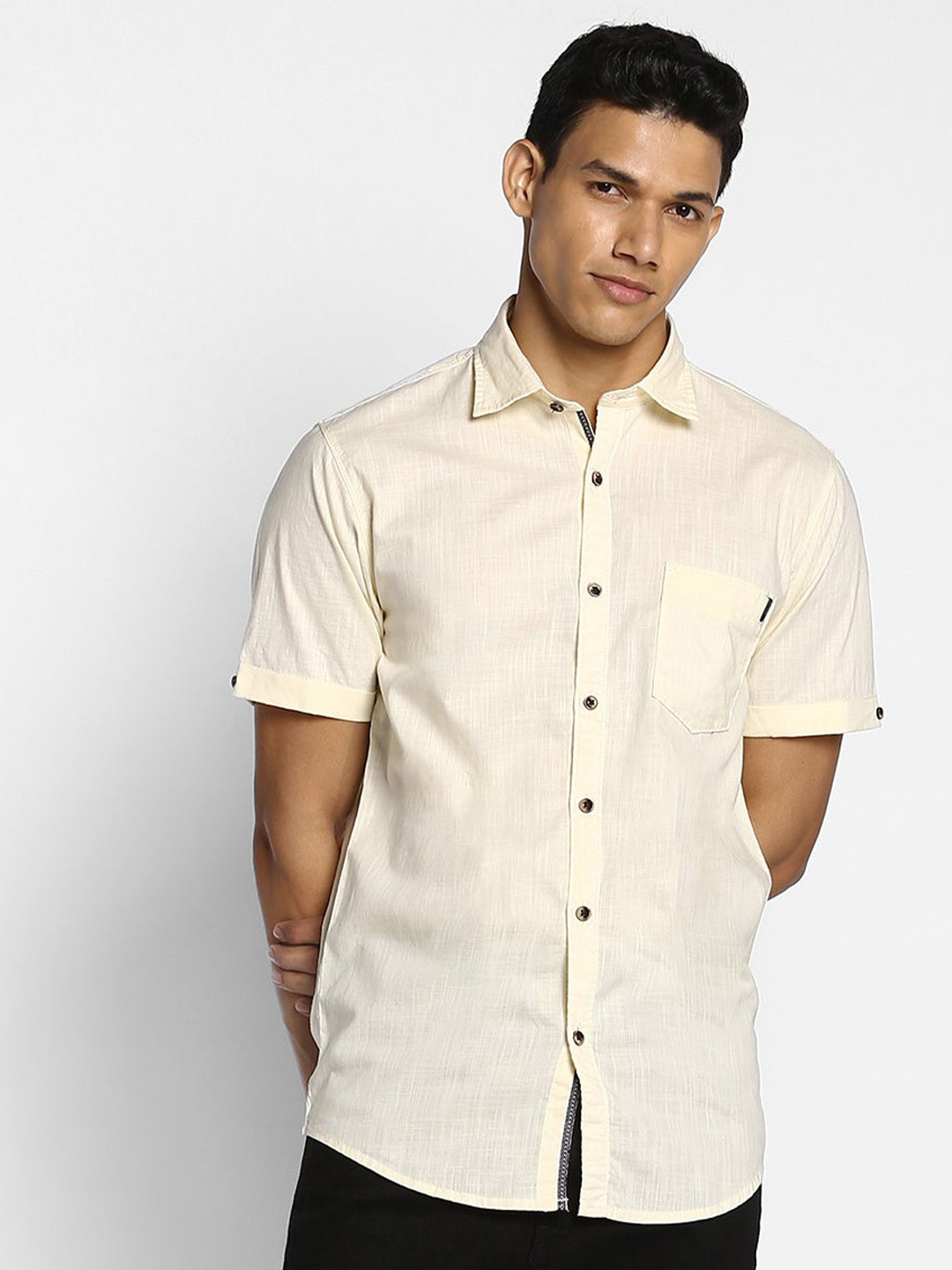 Red Flame Cotton Cutaway Collar Curved Casual Shirt