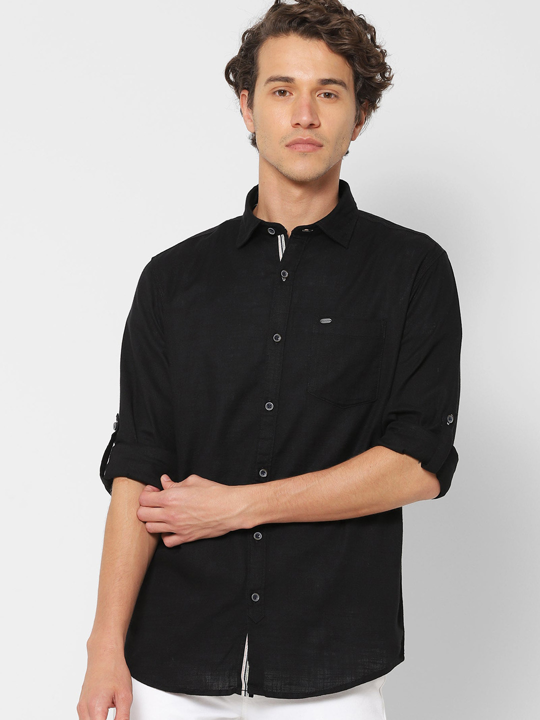 Red Flame Spread Collar Roll-Up Sleeves Cotton Casual Shirt