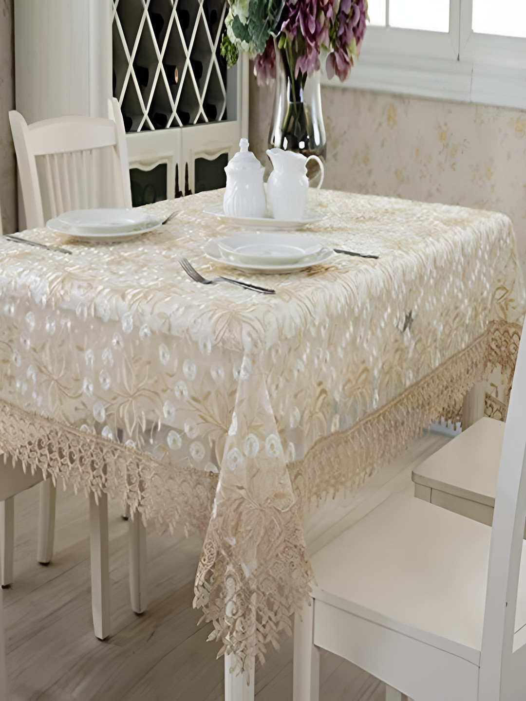 MONKDECOR Gold Toned Floral 6-Seater Table Cover with Embroidered details
