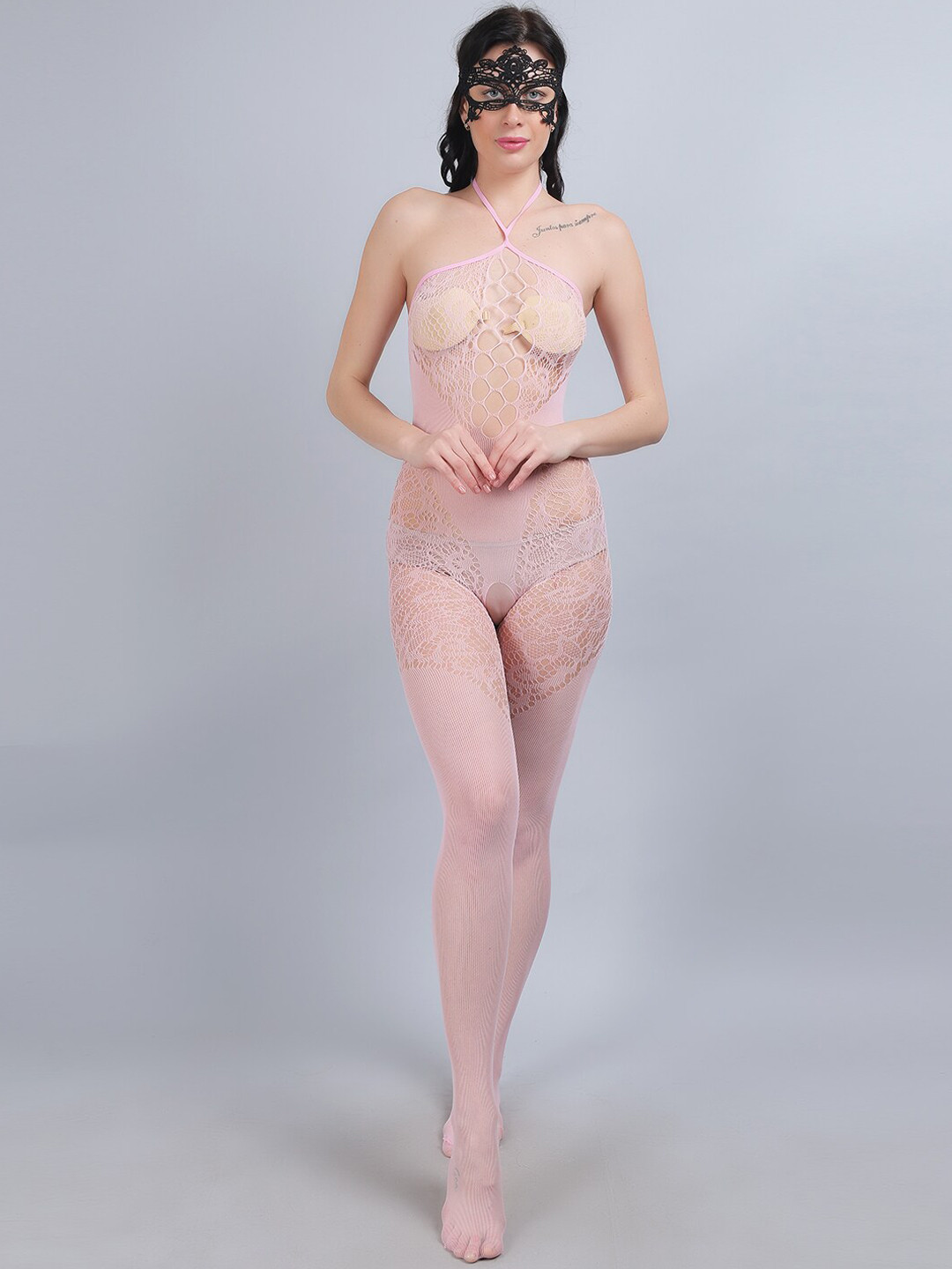 COLOR STYLE Self Design Halter Neck Baby Doll Comes With Mask