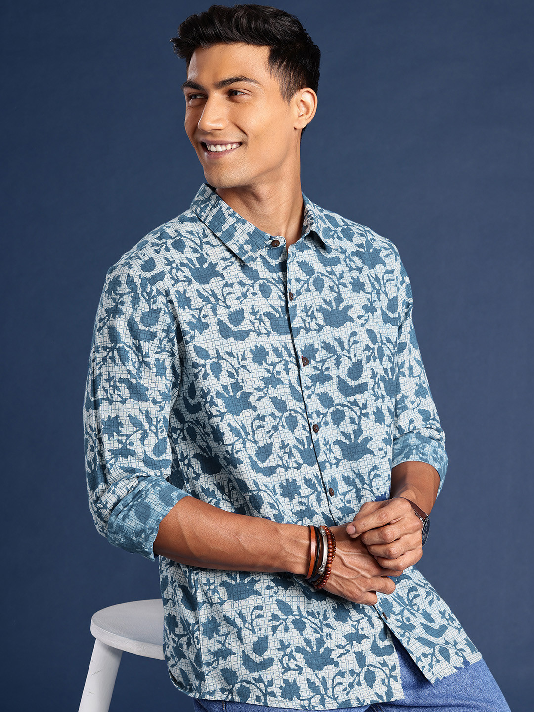 Taavi Indigo Hand Block Floral Printed Pure Cotton Casual Shirt