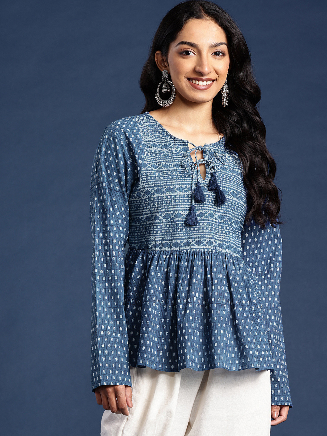 Taavi Indigo Geometric Printed Tie-Up Neck Pure Cotton Top