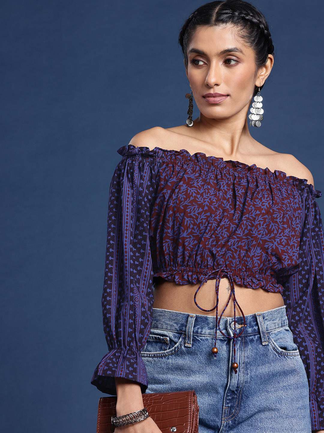 Taavi Tropical Print Off-Shoulder Bell Sleeve Pure Cotton Blouson Bagru Crop Top