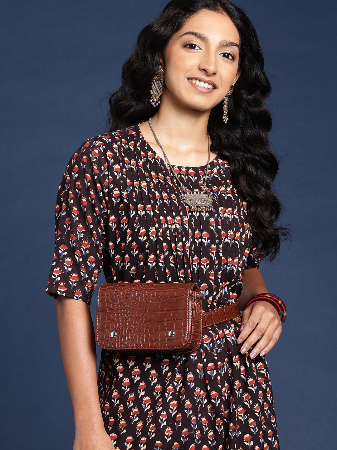 Taavi Bagru Pure Cotton Floral Printed A-Line Midi Dress