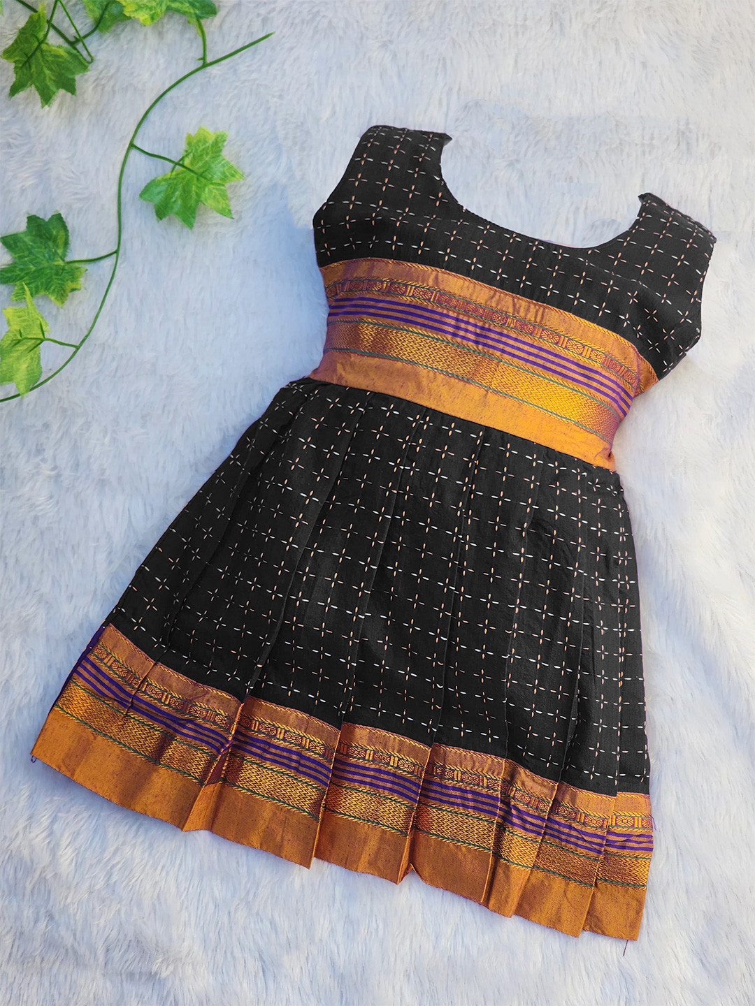 BAESD Girls Checked Round Neck Sleeveless Pleated Cotton A-Line Ethnic Dress