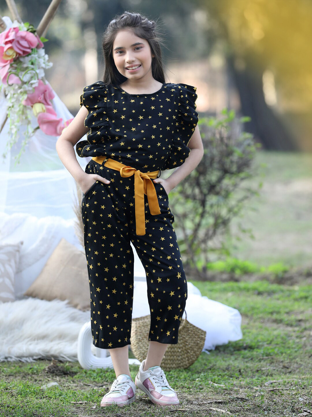 Cutiekins Girls Printed Capri Jumpsuit With Ruffles