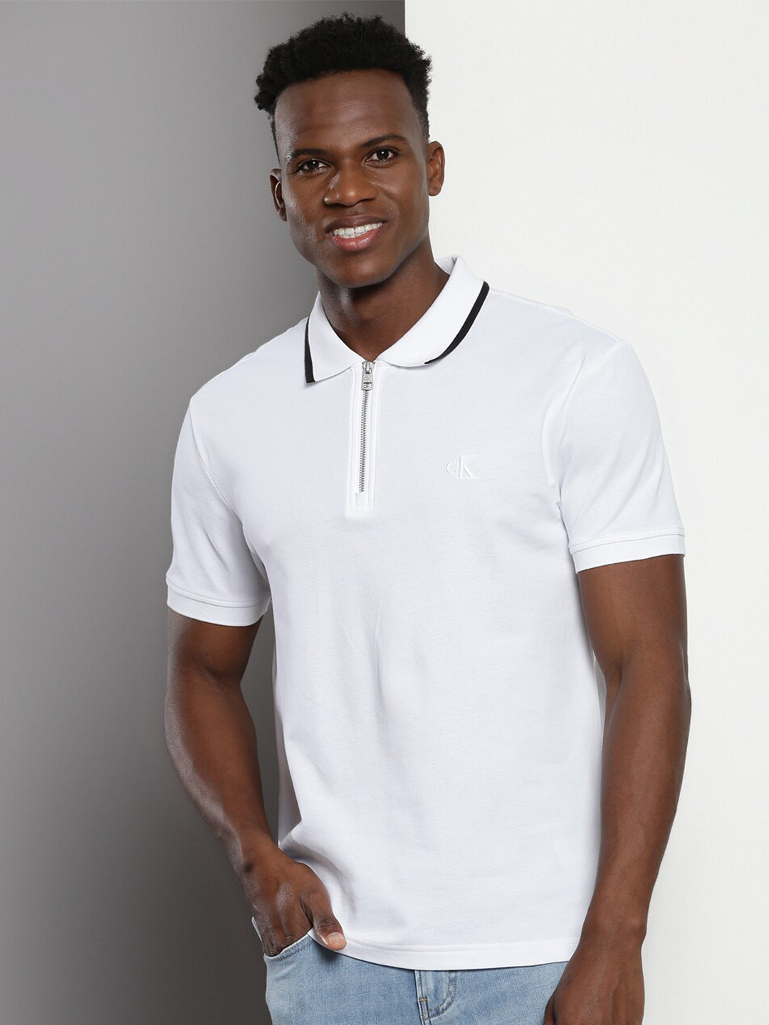 Calvin Klein Jeans Brand Logo Printed Organic Cotton Polo Collar Casual T-shirt