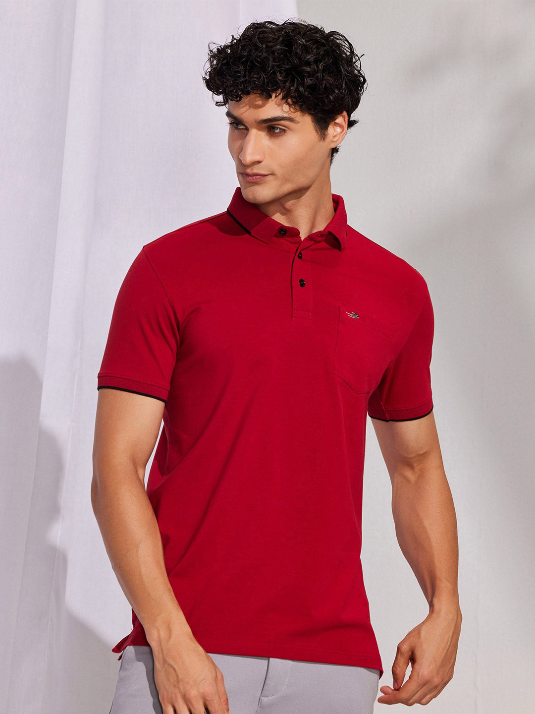 Red Flame Men Polo Collar Pockets T-shirt