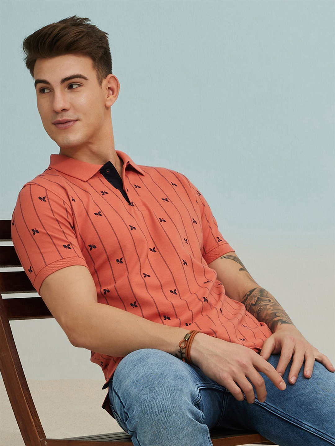 Red Flame Men Printed Polo Collar Extended Sleeves Pockets T-shirt