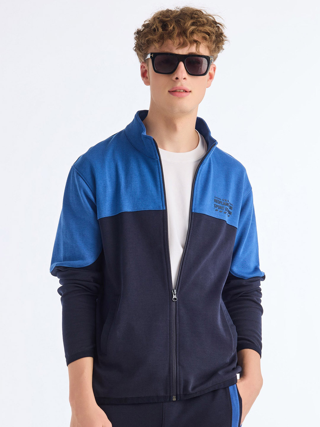 Red Flame Colourblocked Mock Collar Front-Open Sweatshirt