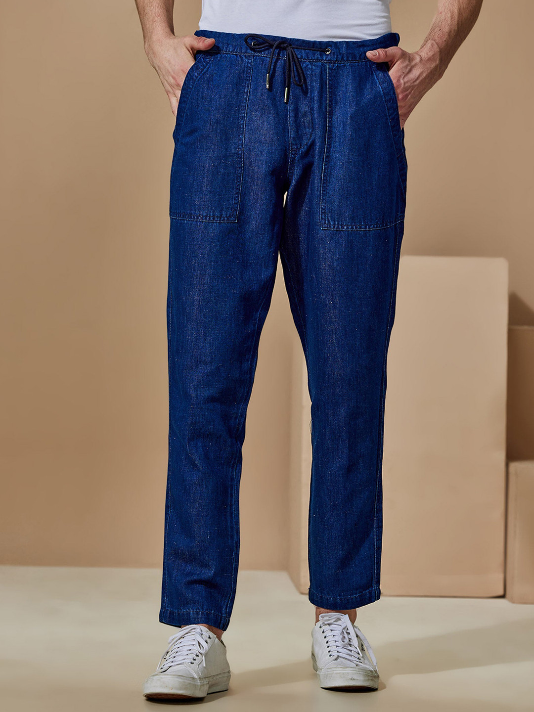 Red Flame Men Mid-Rise Linen Cotton Denim Trousers