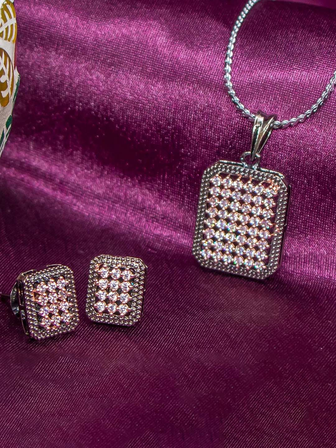 Manikya Rose Gold-Plated American Diamond-Studded Pendant And Earrings
