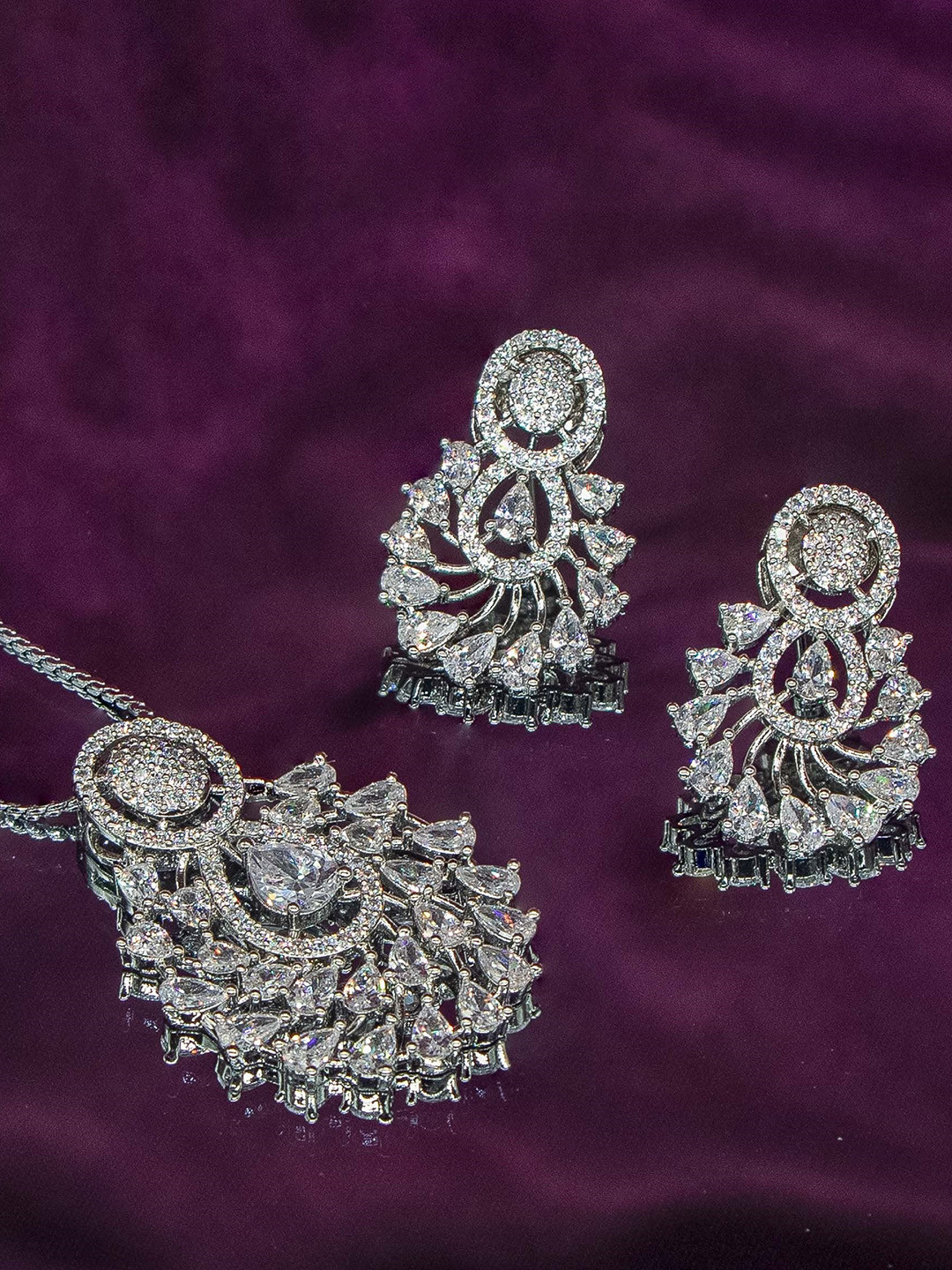 Manikya Rhodium-Plated American Diamond Studded Pendant And Earrings