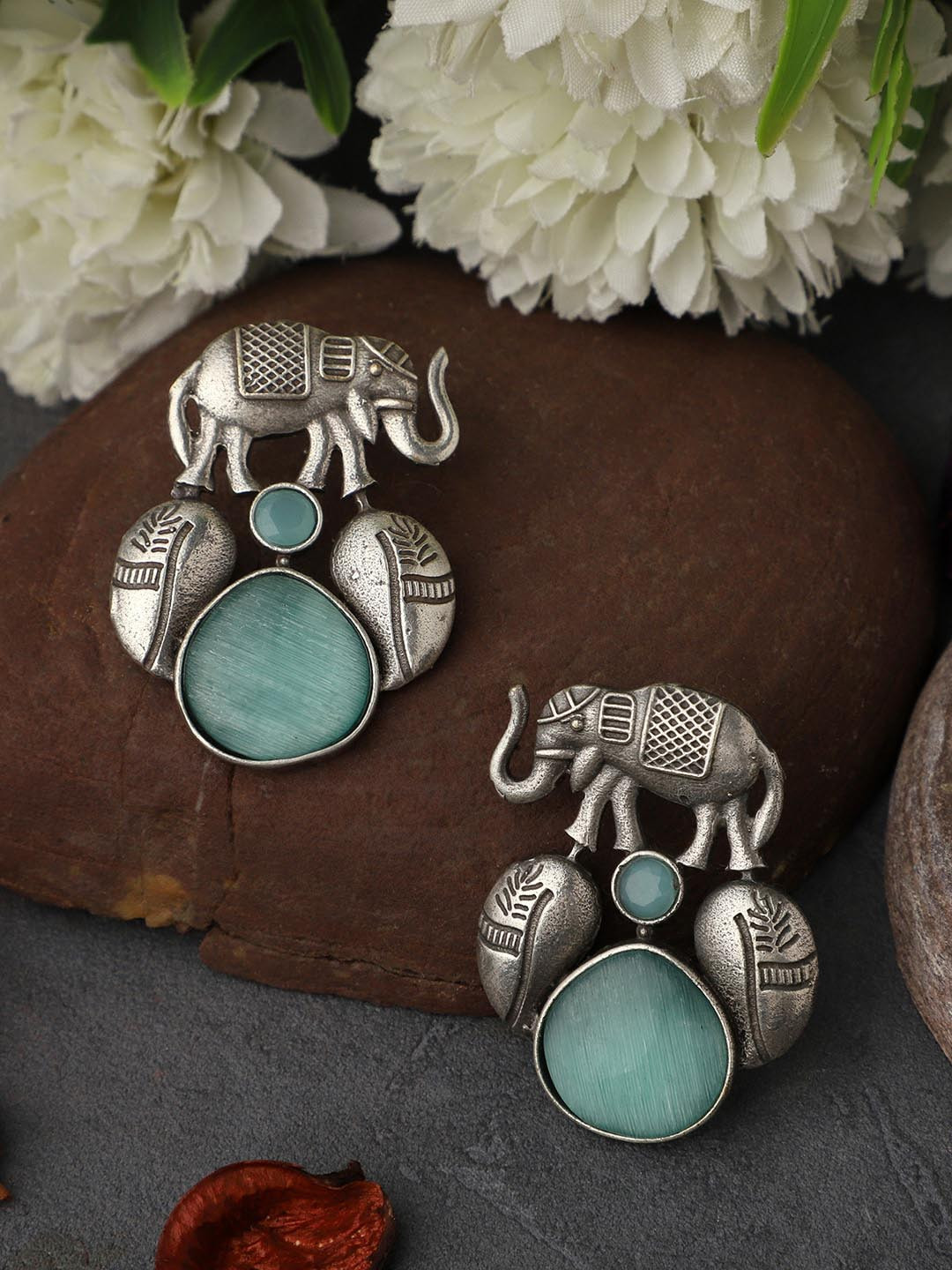 VENI 92.5 Silver-Plated Oxidised Elephant Drop Earrings