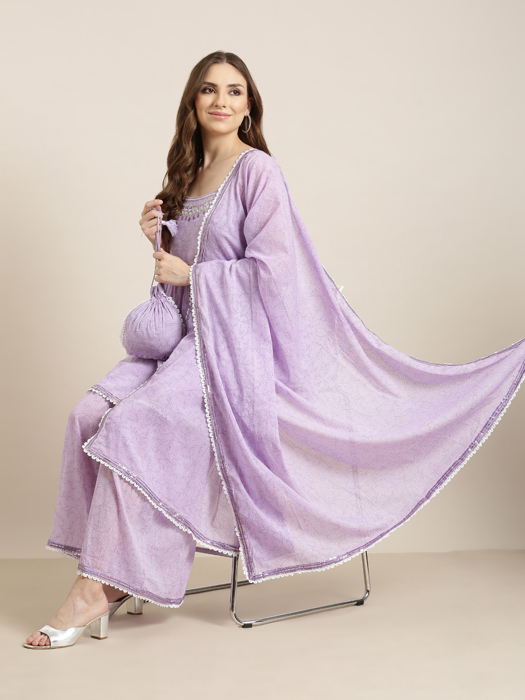 SHOWOFF Floral Printed Scalloped Beads and Stones Anarkali Kurta With Sharara & Dupatta