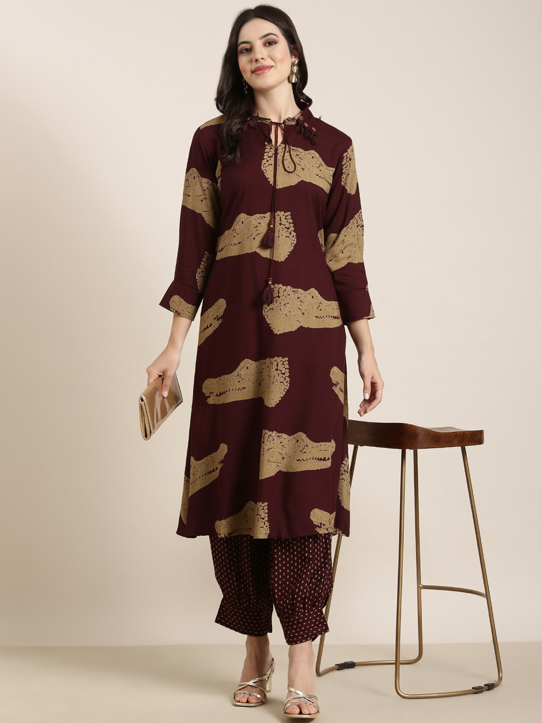 SHOWOFF Animal Printed Tie Up Neck Three-Quarter Sleeves Straight Kurta with Patiala