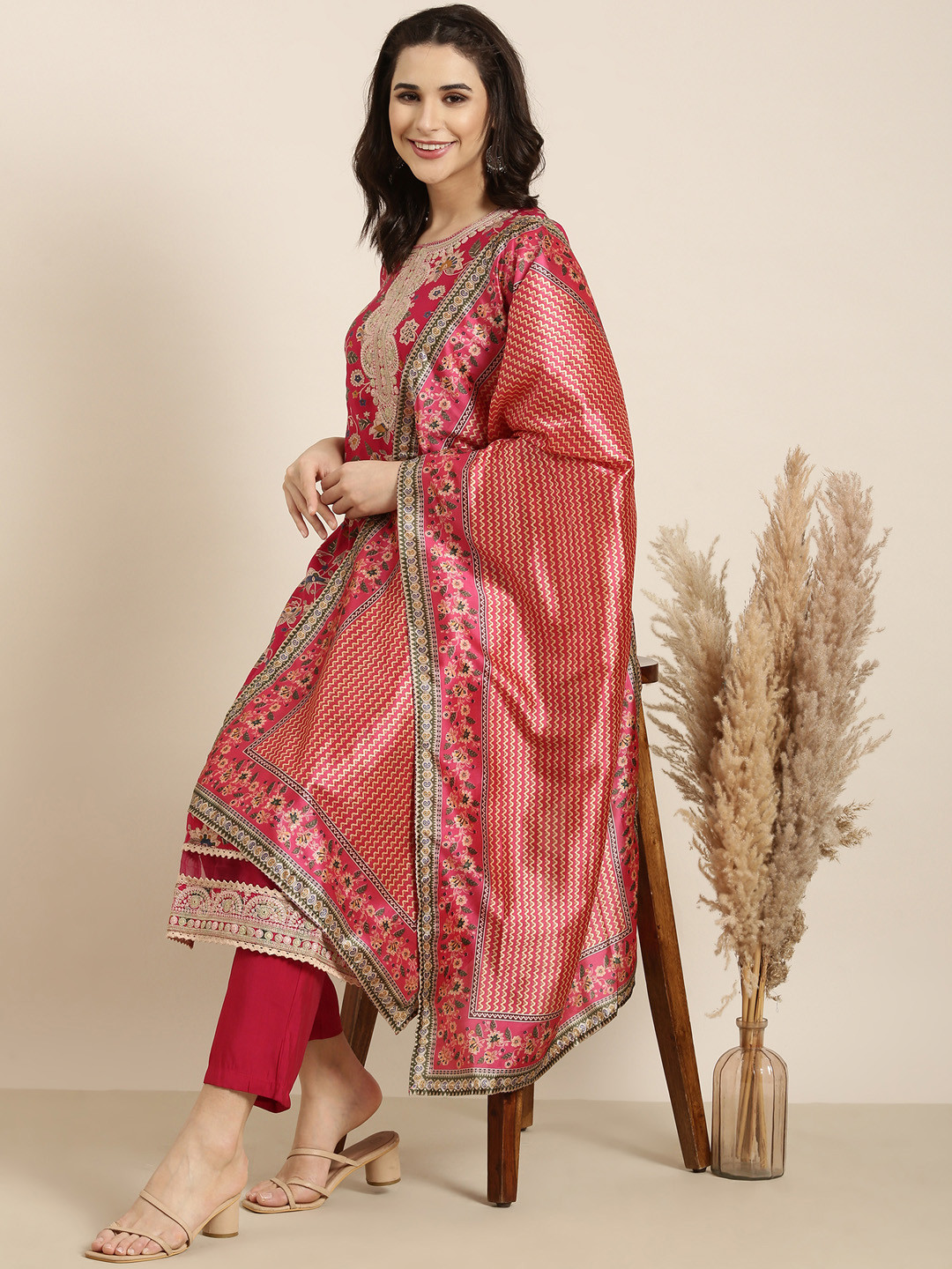 SHOWOFF Floral Printed Thread Work Raw Silk Kurta With Trouser & Dupatta