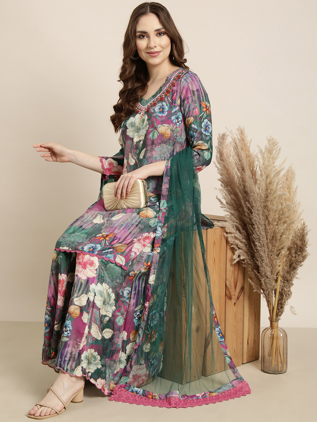 SHOWOFF Floral Embroidered V-Shape Mirror Work Straight Kurta with Palazzos & With Dupatta