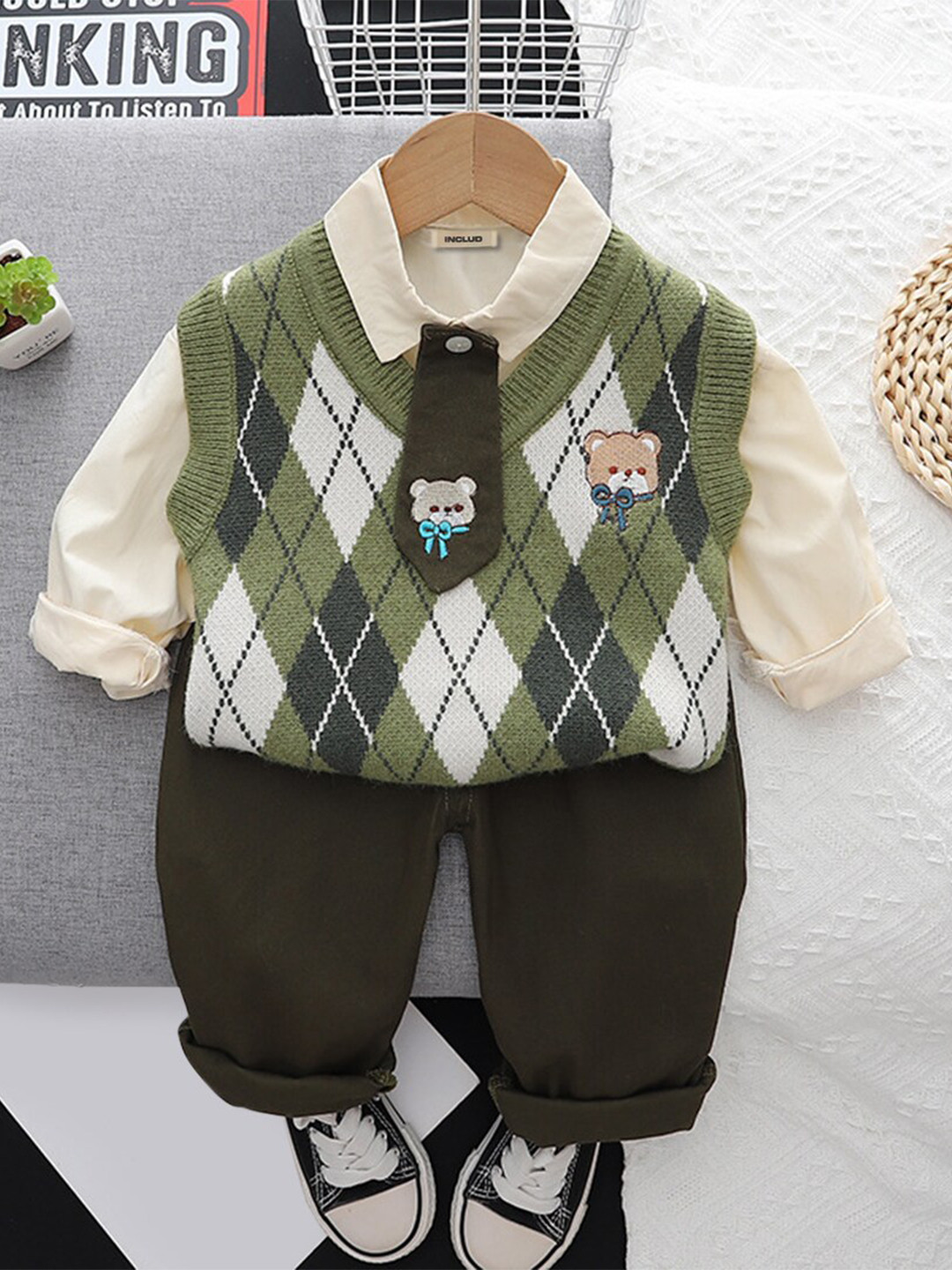 INCLUD Boys Printed Sweater With Shirt & Trouser Set