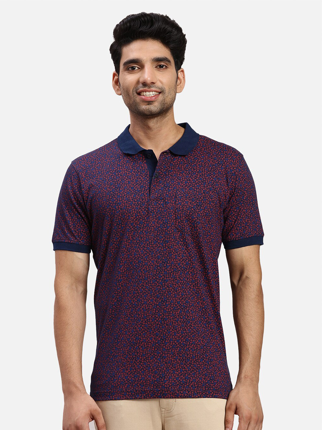 ColorPlus Geometric Printed Cotton Polo Collar Short Sleeves Pockets T-shirt