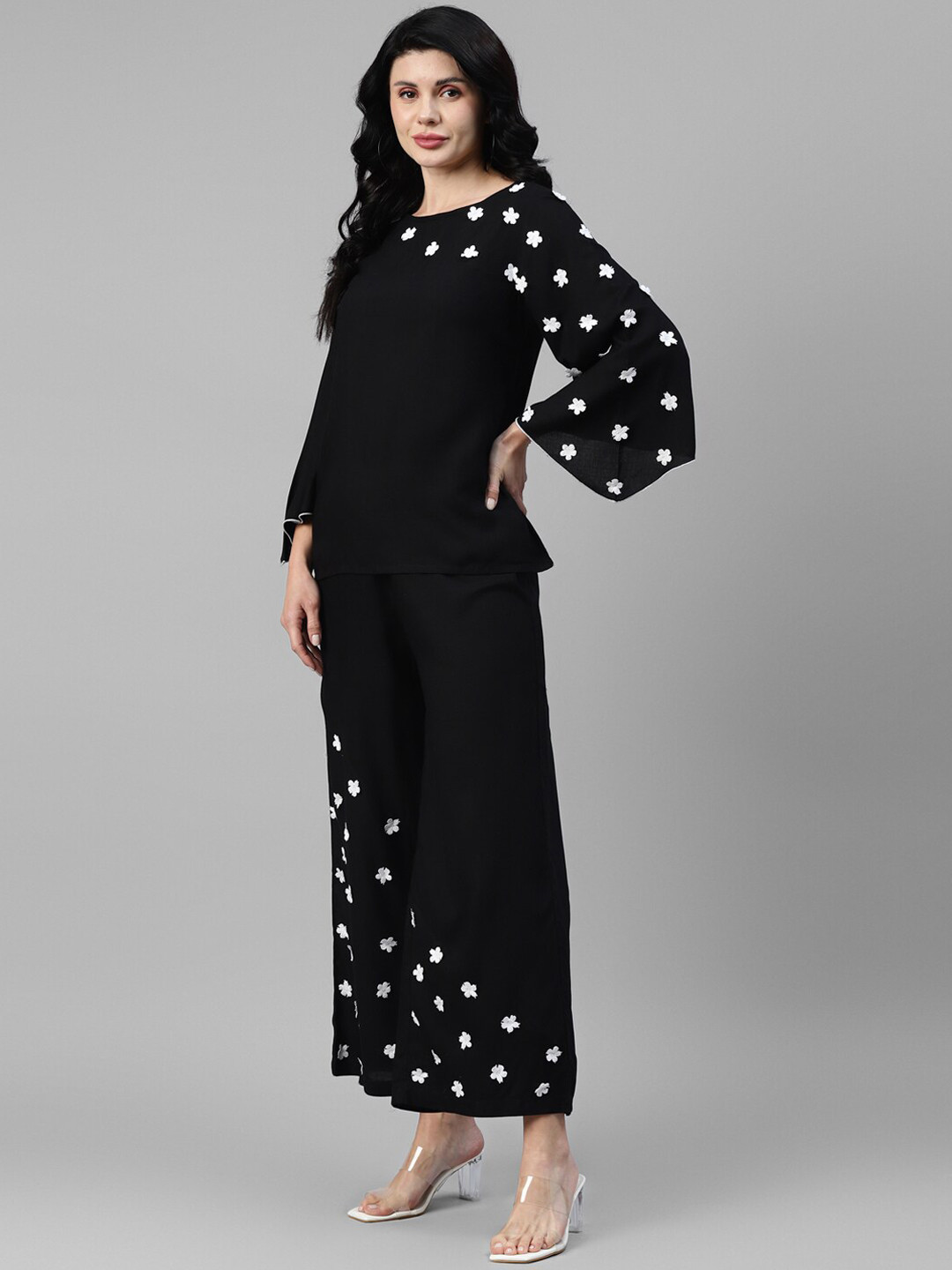 Vibes by Vibes by Deebaco   Floral Applique Detail Boat-Neck Top With Palazzos