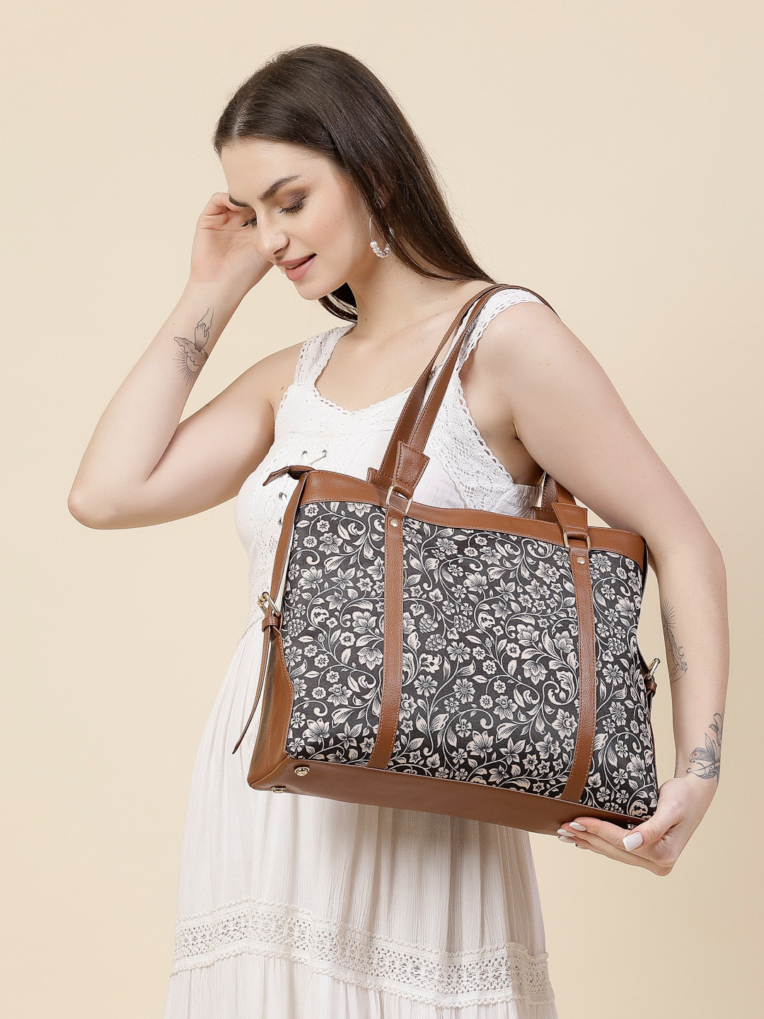 Anouk Tan Brown Floral Printed Oversized Office Shoulder Bag Up to 12 inch