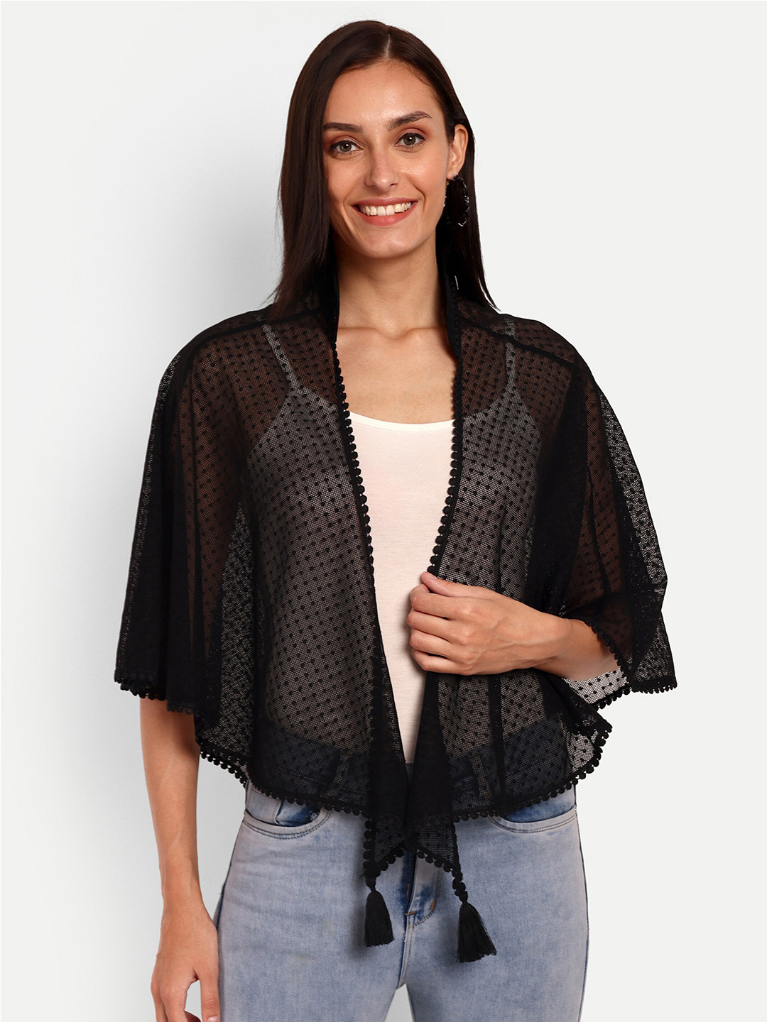 Espresso Self Design Sheer Open Front Shrug