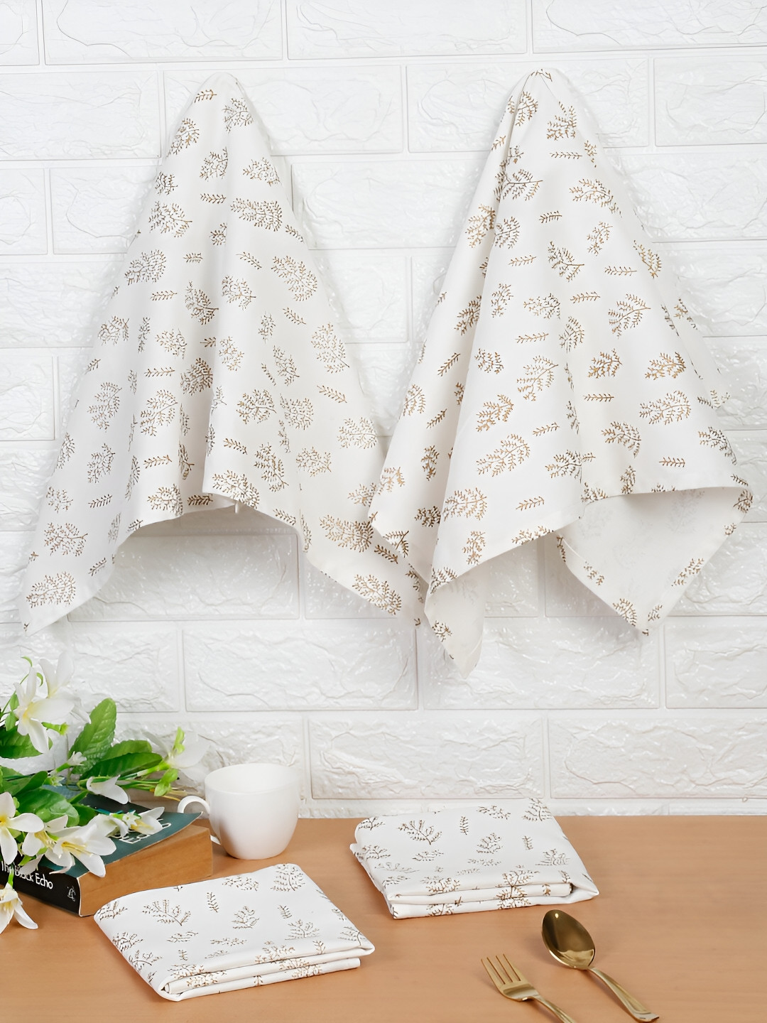 Ratan Cart White & Beige 4 Pieces Floral Printed Cotton Kitchen Towels