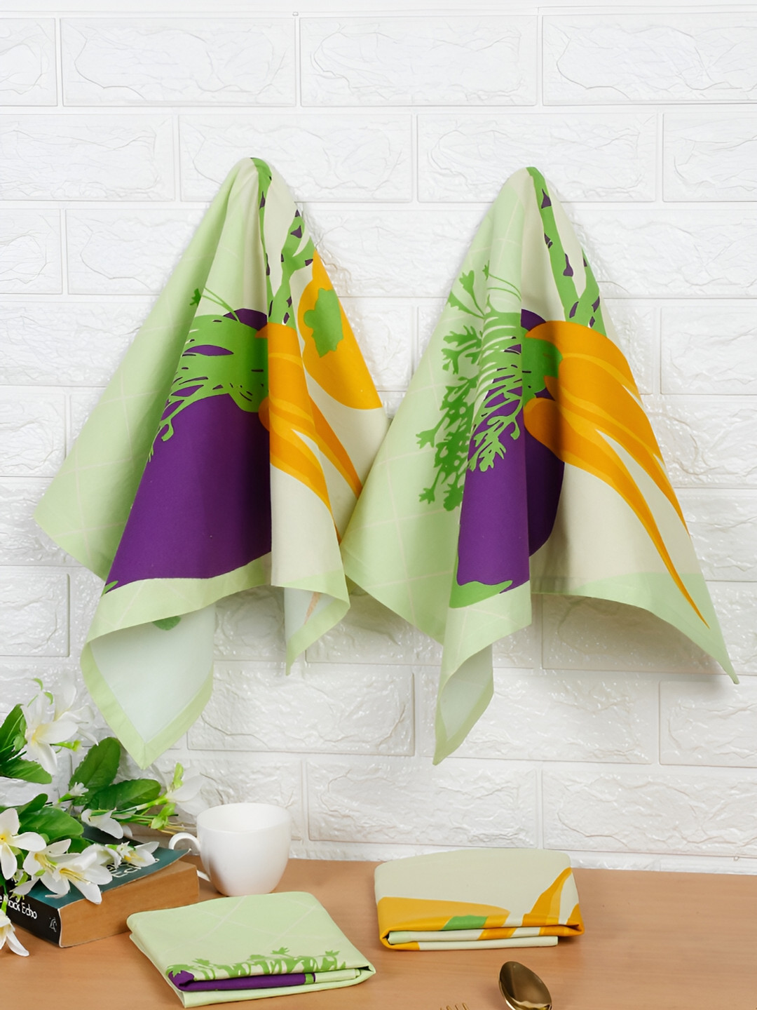 Ratan Cart Green & Purple Printed Cotton Kitchen Towels