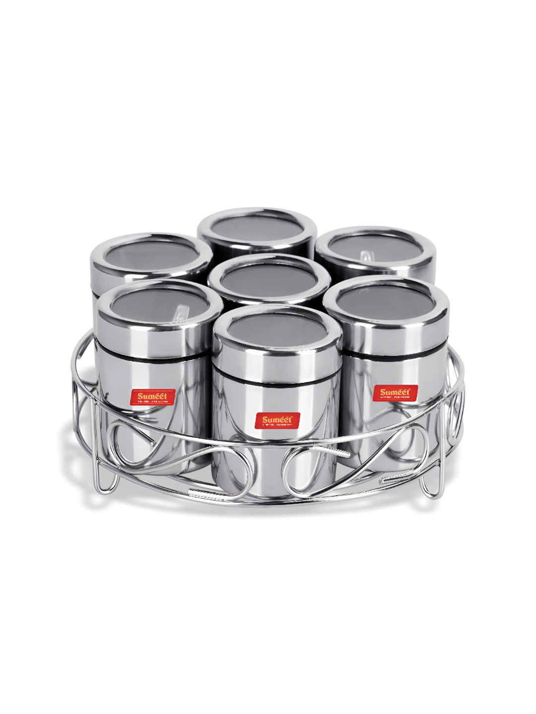 Sumeet Steel 15 Pieces Stainless Steel Spice Box Set With Stand 200 ml Each