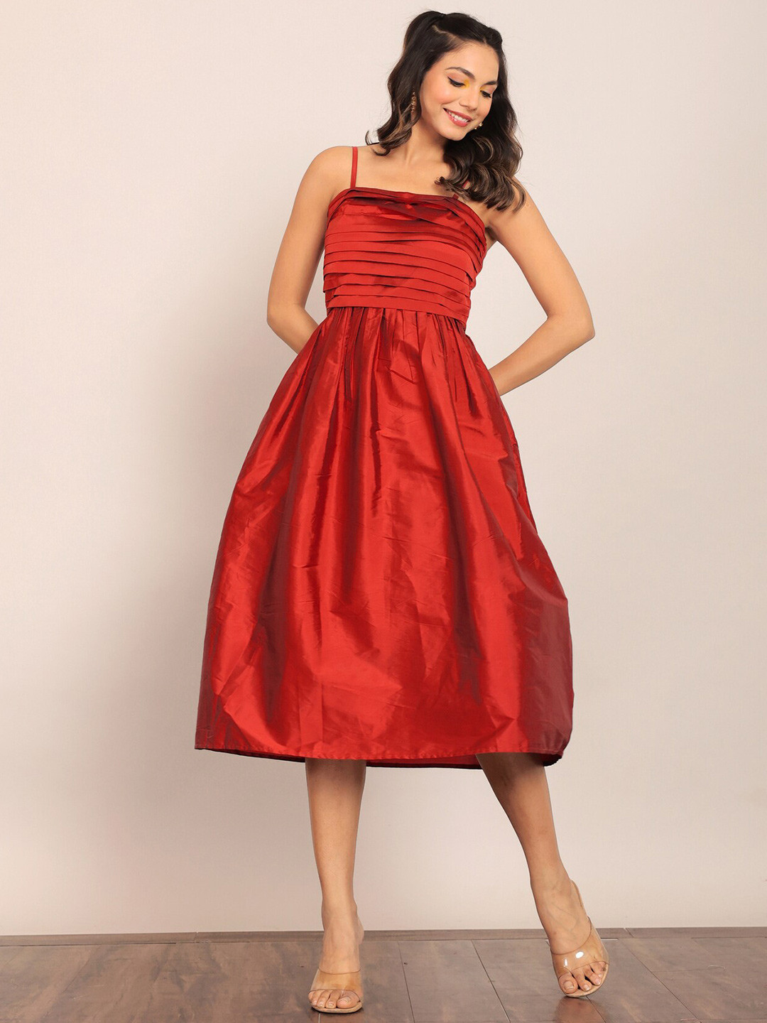 KAORI BY SHREYA AGARWAL Shoulder Straps Silk A-Line Bust Fitted Midi Dress