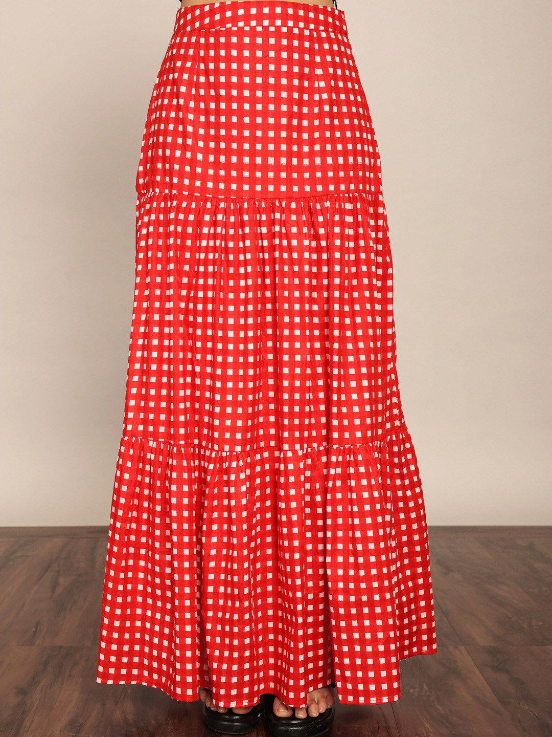 KAORI BY SHREYA AGARWAL Women Red White Checked Cotton Tiered Maxi Skirt