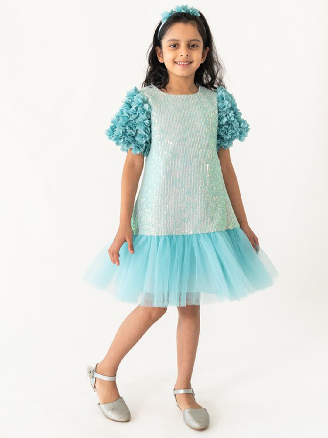 A Little Fable Round Neck Short Puff Sleeve Drop-Waist Dress